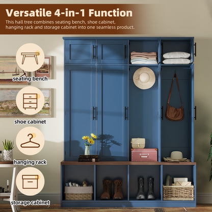 Farmhouse Hall Tree with 4 Hidden Hanging Hooks, Versatile Walnut Seating Bench with 8 Doors, Entryway Shoe Cabinet with Open Compartment for Living Room, Blue (OLD SKU:N721S000059C) image 3