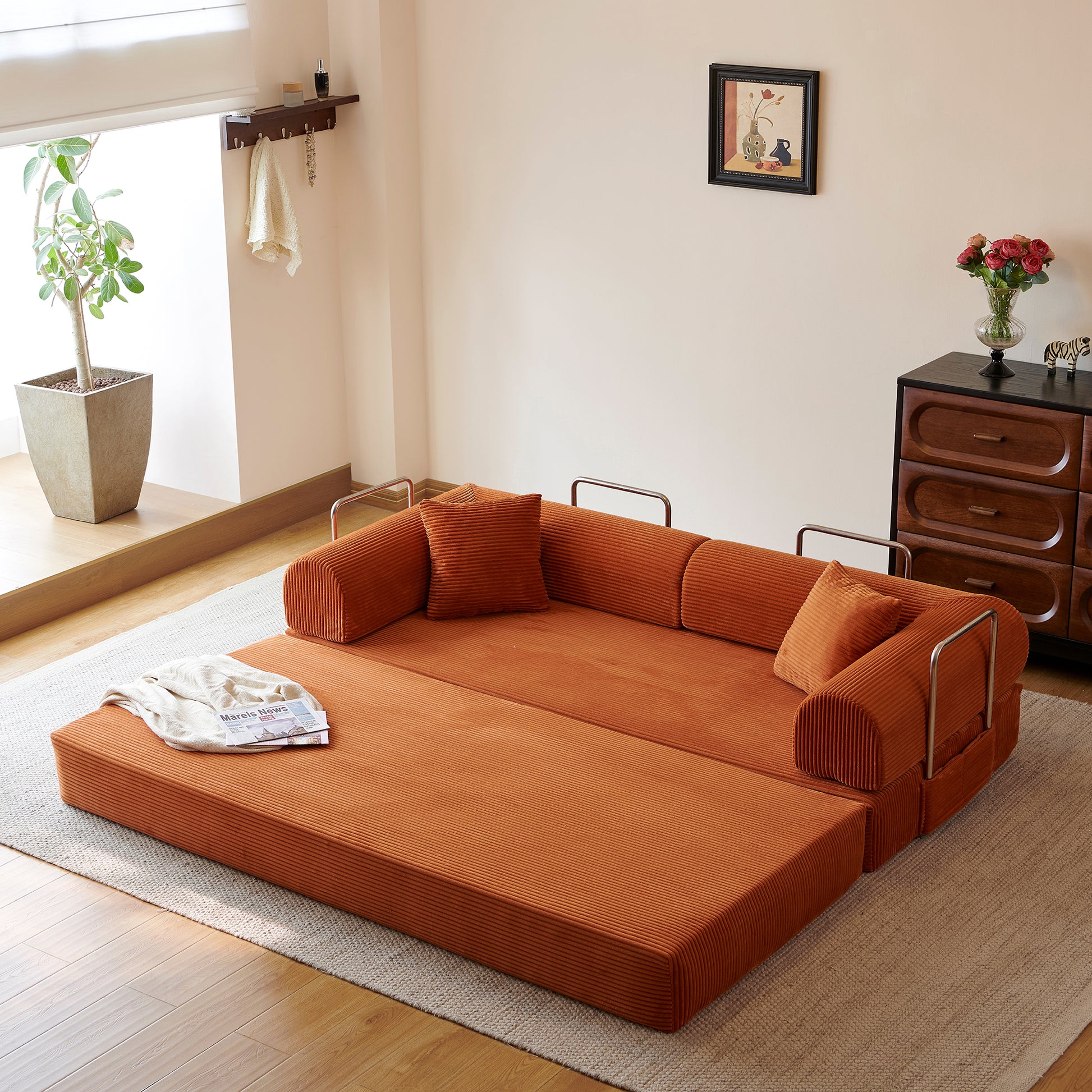 78.8" Compression Sofa,Convertible Floor Sofa Bed-with Pillow Back Support Armrest,Comfy Futon Couch Sleeper Bed,Loveseats Boneless Modular Sectional Sofa,Corduroy fabric,for Living Room,Bedroom image 7