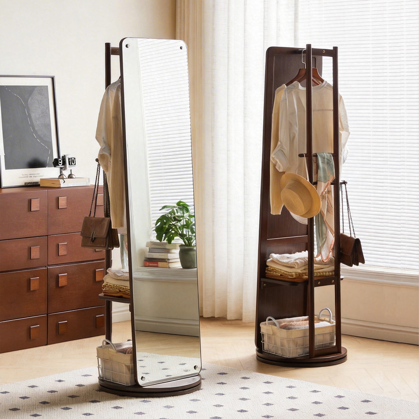 Rotating Full Length Mirror with Clothes Rack, Freestanding Solid Wood Storage Mirror for Bedroom Living Room image 1