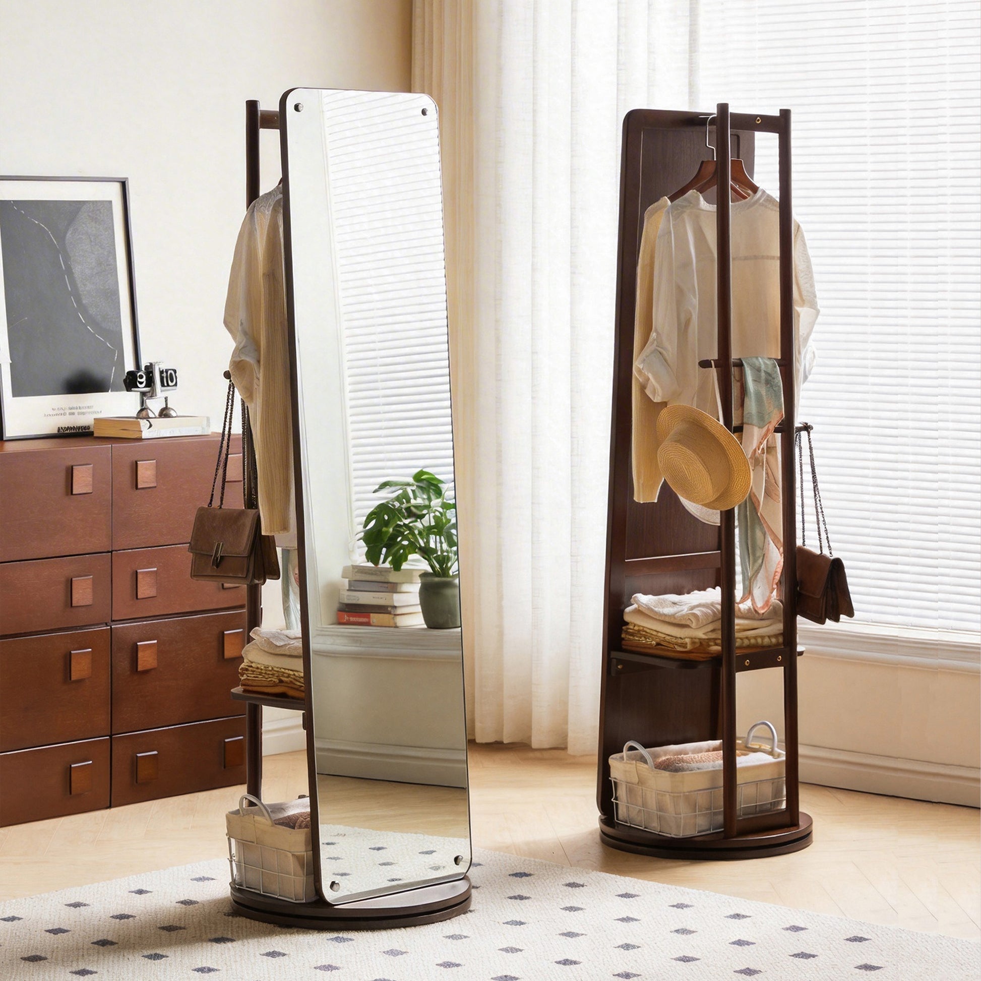 Rotating Full Length Mirror with Clothes Rack, Freestanding Solid Wood Storage Mirror for Bedroom Living Room image 1