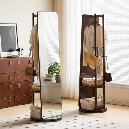 Rotating Full Length Mirror with Clothes Rack, Freestanding Solid Wood Storage Mirror for Bedroom Living Room image 1