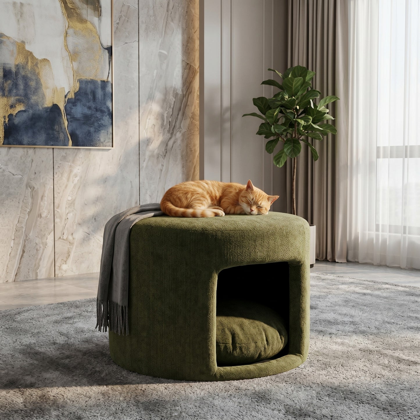 Green Pet Friendly Ottoman with Removable Pet Cushion, Hidden Pet Nook, Acacia Wood Legs, 220 lbs Capacity, Upholstered Footrest Stool for Living Room image 1