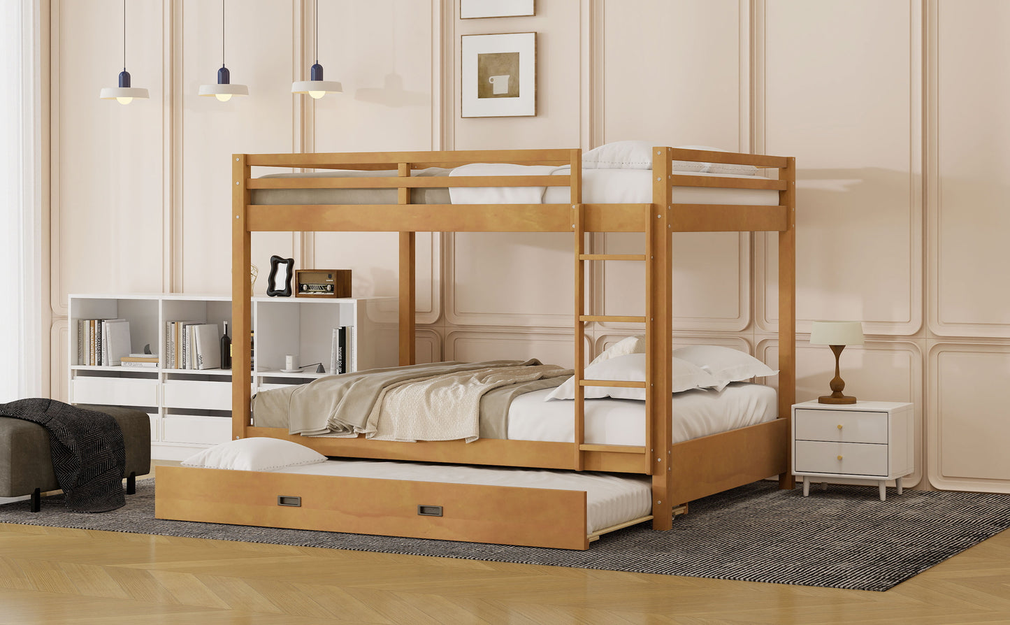 Wood Queen Size Bunk Bed with Ladder and Trundle, Wood Color image 4