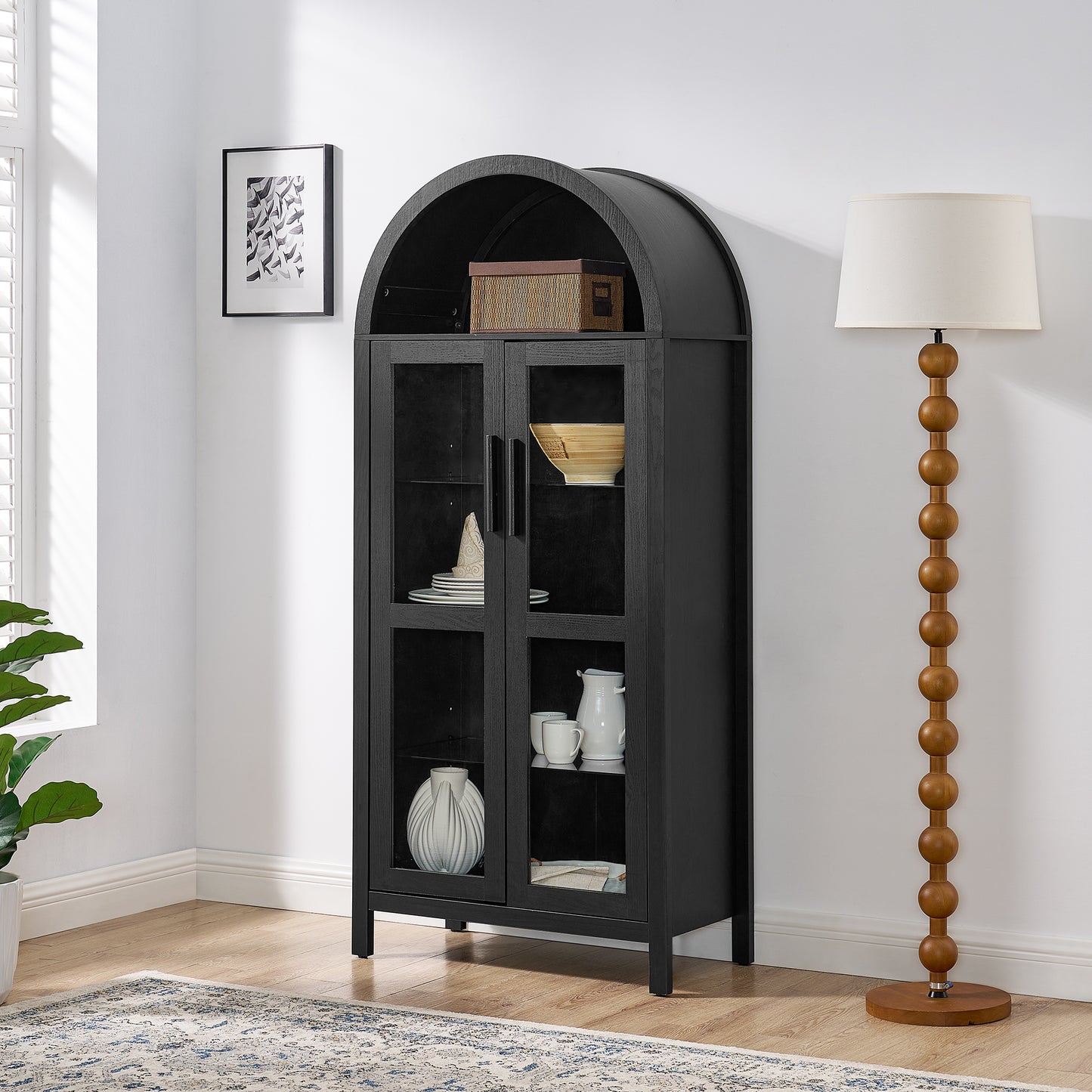 A high arched storage cabinet with a lamp, a modern retro-style wooden storage cabinet with adjustable glass partitions, suitable for use as a multi-functional cabinet in kitchens-Black image 3