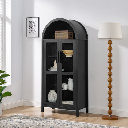 A high arched storage cabinet with a lamp, a modern retro-style wooden storage cabinet with adjustable glass partitions, suitable for use as a multi-functional cabinet in kitchens-Black image 3