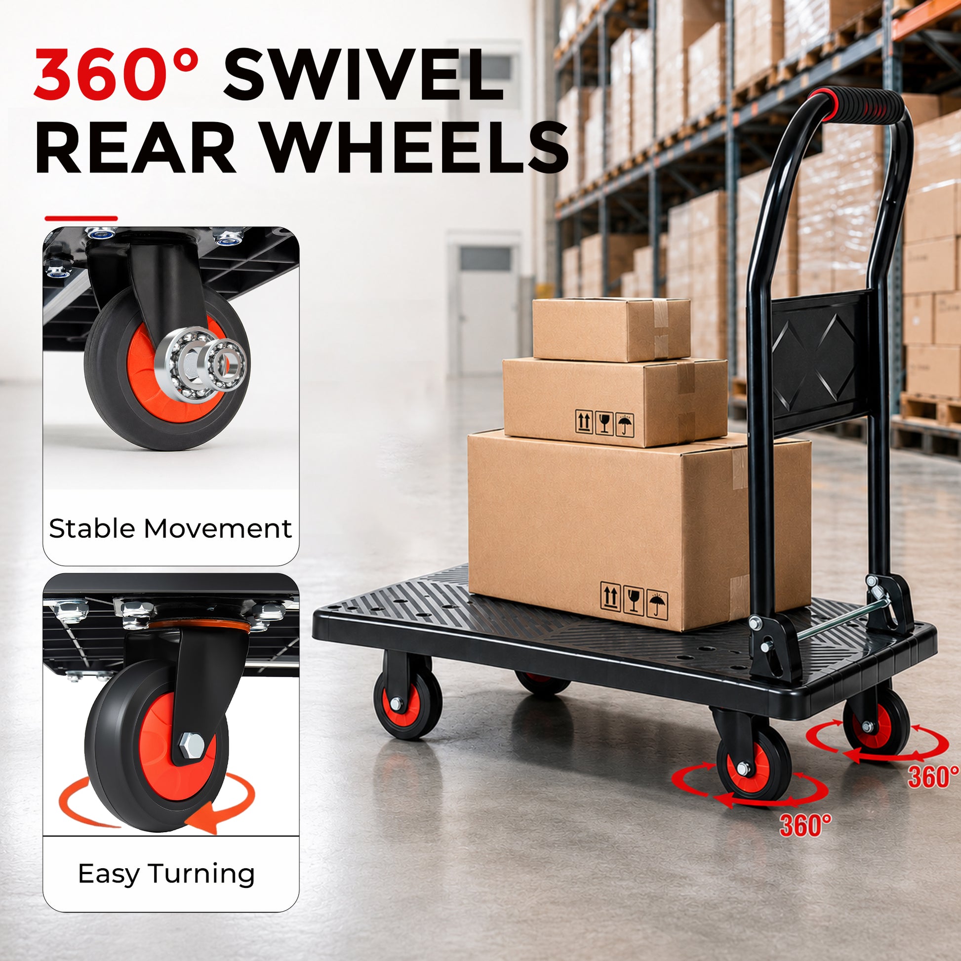 28-3/4" Long x 18-3/4" Wide Platform Truck, Foldable Handcart with 4'' TPR 360-Degree Silent Wheels, 330lbs Heavy-Duty Push Dolly Cart, 4 Steel Load-Bearing Beams for Warehouse Garage Home Use image 4