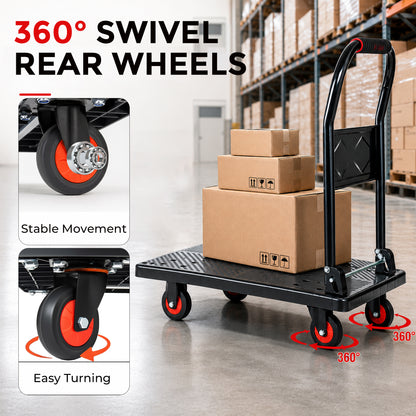 28-3/4" Long x 18-3/4" Wide Platform Truck, Foldable Handcart with 4'' TPR 360-Degree Silent Wheels, 330lbs Heavy-Duty Push Dolly Cart, 4 Steel Load-Bearing Beams for Warehouse Garage Home Use image 4