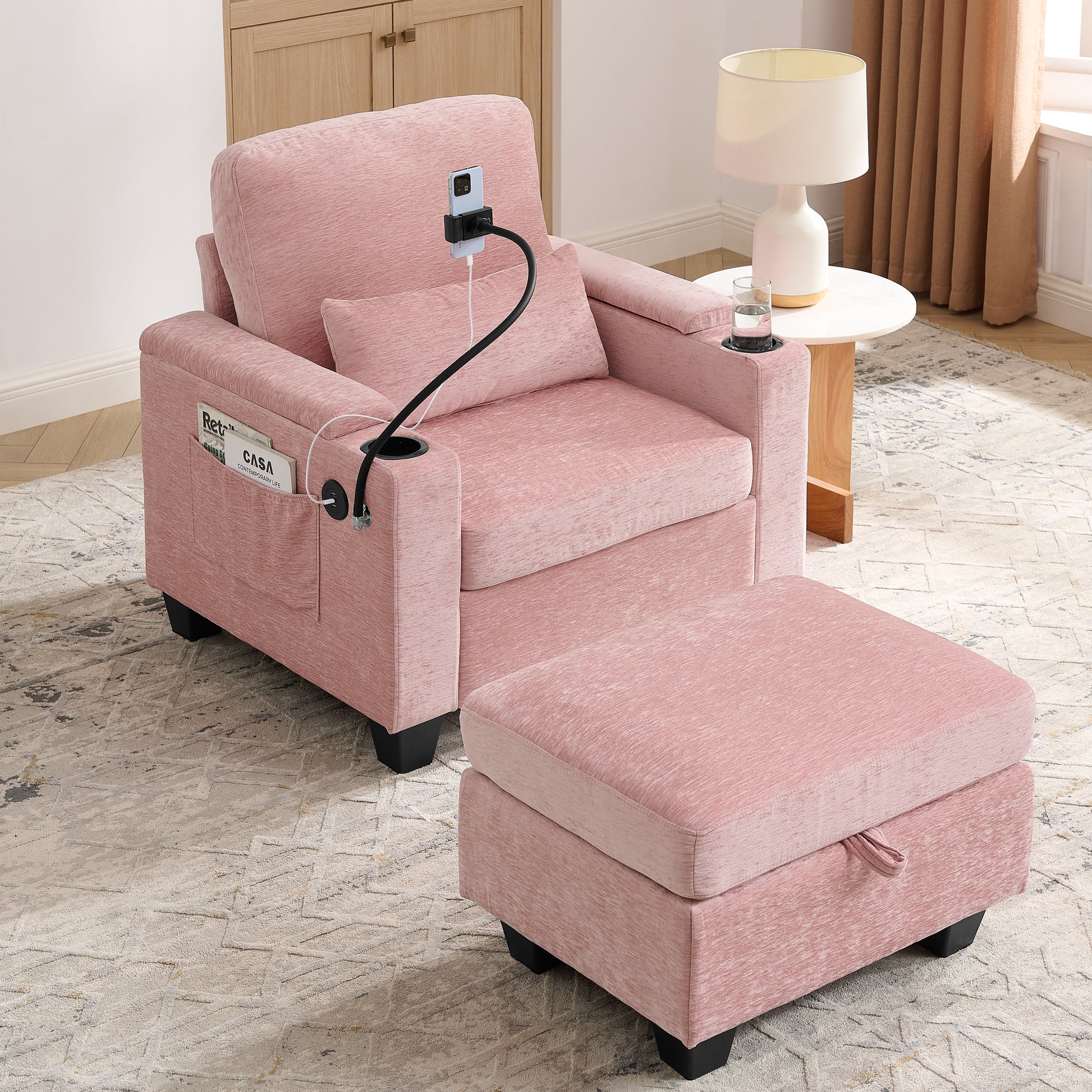 Single sofa recliner with manually adjustable backrest, USB charging port on the armrest side, phone stand included, hidden armrest storage, and a matching storage ottoman-Pink image 2