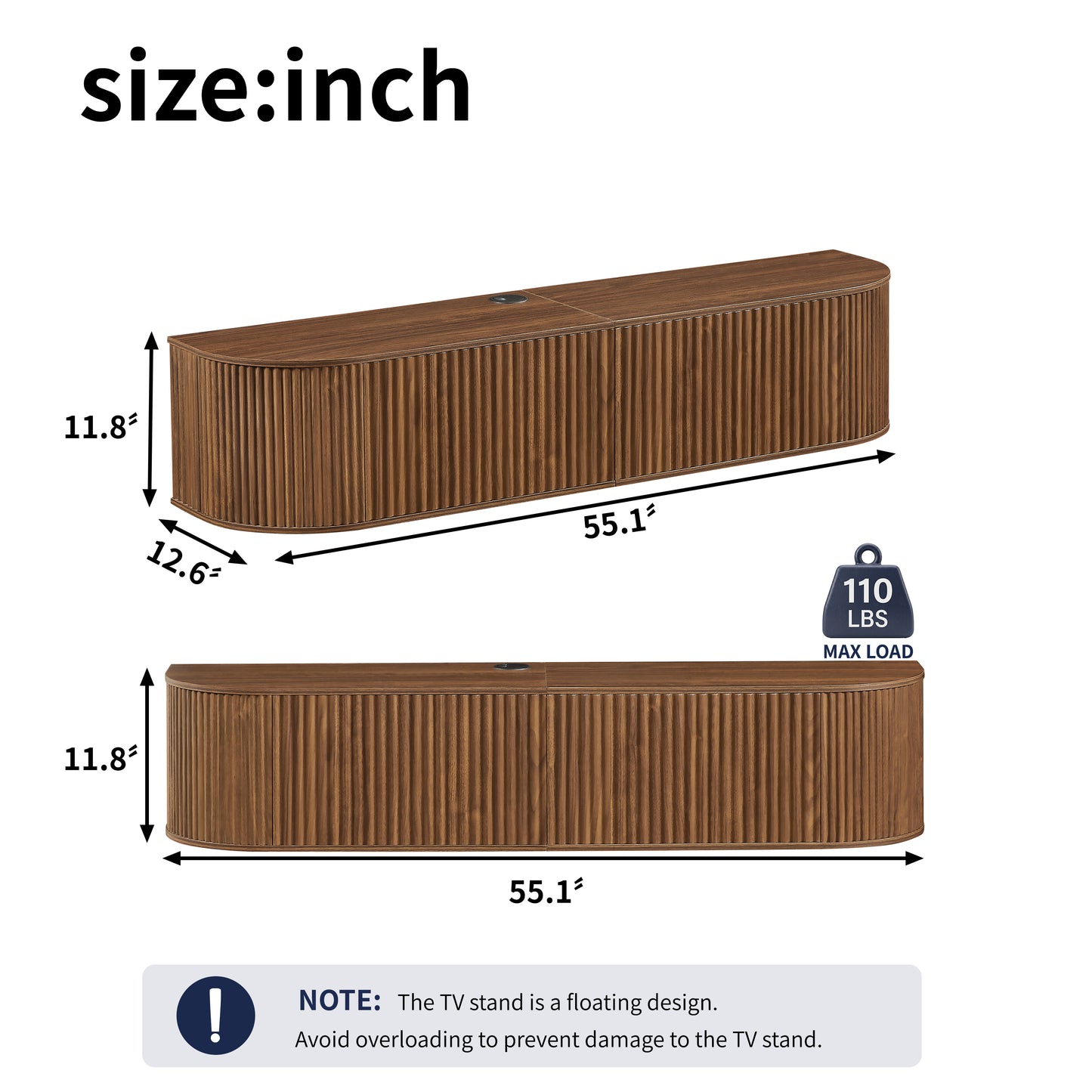 55" Wall Mounted Floating TV Cabinet with Fluted Doors, Large Capacity Media Console with Cable Management Holes for Living Room Bedroom, Compatible with Various Home Styles,Walnut image 5