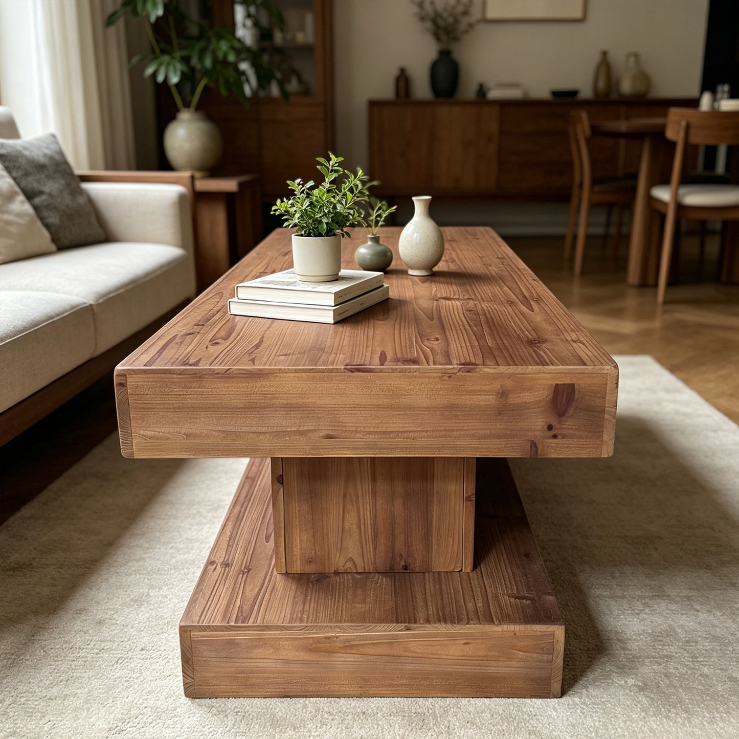 47.24"Natural solid wood coffee table with thick top and double pillar base. Classic rustic & minimalist style, sturdy and practical. image 4