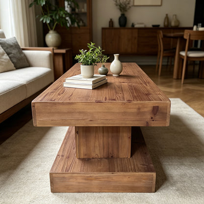 47.24"Natural solid wood coffee table with thick top and double pillar base. Classic rustic & minimalist style, sturdy and practical. image 4