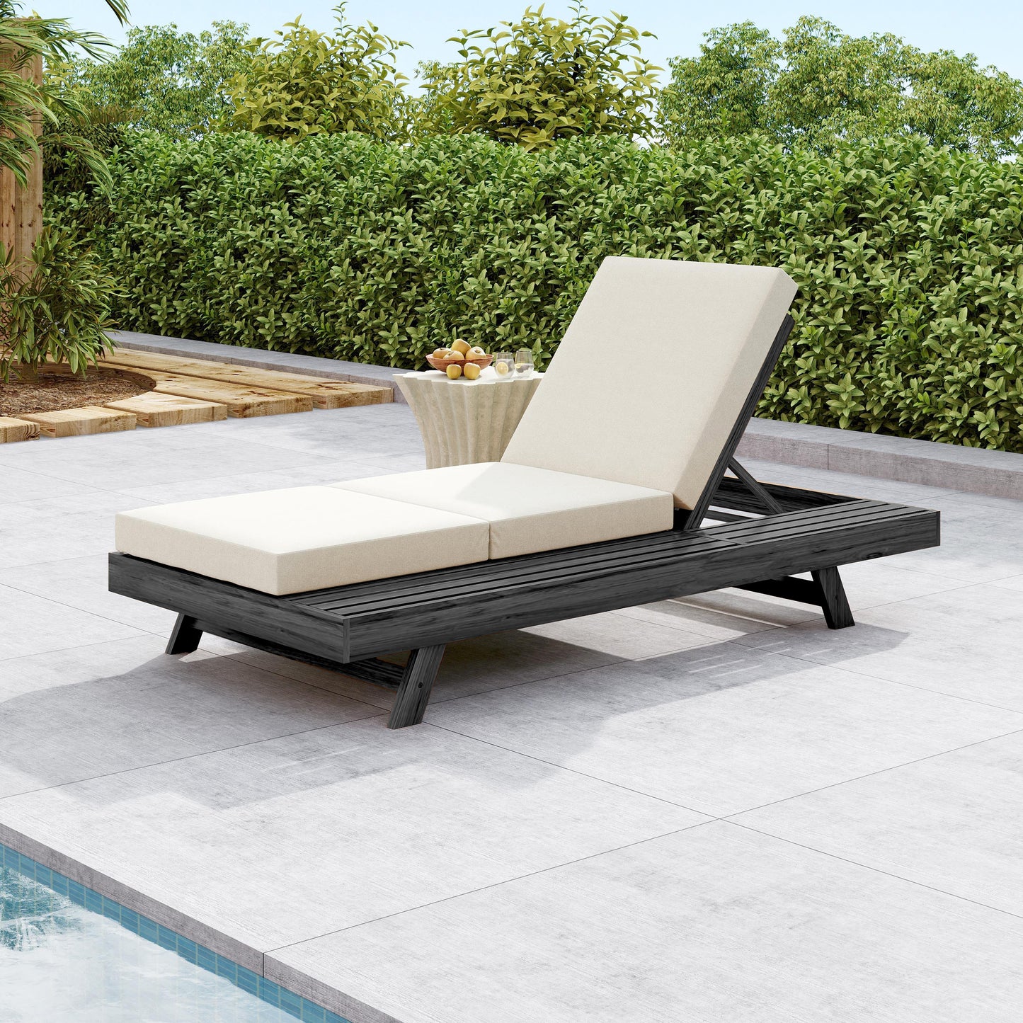 Lounge Chaise Set, Space Available On One Side, Acacia Solid Wood In Black With Lounge Cushion (Cream & Triple Fold) – Matching Dark Grey Version Available image 2