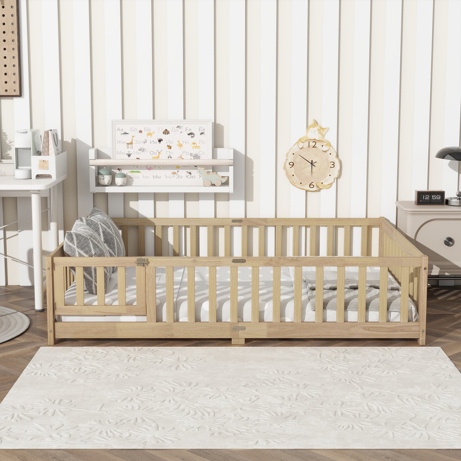 Full Size Floor Bed with Fence and Door,Rubber Wood Floor Bed with Safety Guardrails,Natural (Old Sku W504P286380) image 1