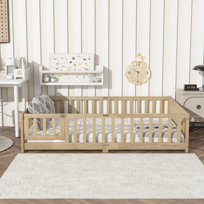 Full Size Floor Bed with Fence and Door,Rubber Wood Floor Bed with Safety Guardrails,Natural (Old Sku W504P286380) image 1