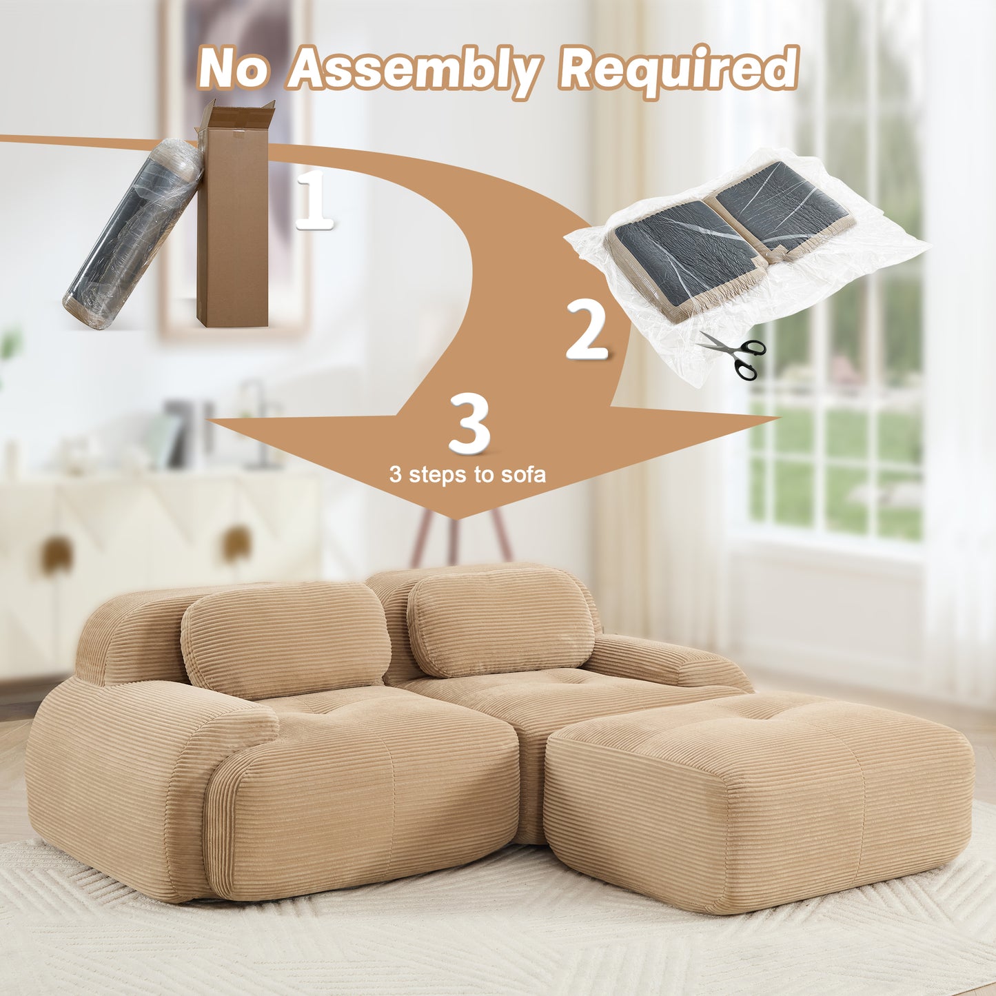 82'' L-shaped sofa in softCorduroy Fabric fabric modular design multiple combinations curved armrests no assembly required high-resilience sponge suitable for living rooms rest areas bedroom,Camel image 11