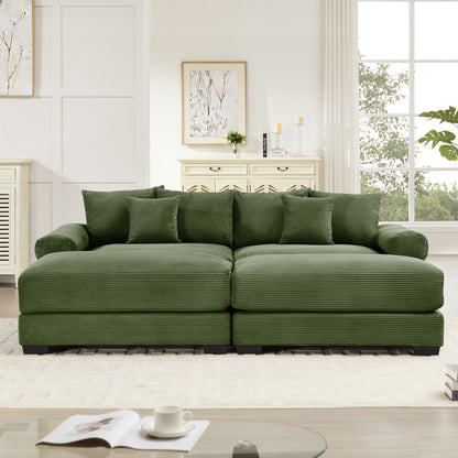 92" Oversized Cloud Modular Sectional Couch, Soft Corduroy Fabric With Chaise 6 Throw Pillows, Deep Seat Wide Armrests, Ergonomic Design Easy Assembly, Soft Corduroy,For Living Rooms Lounges, Green image 3