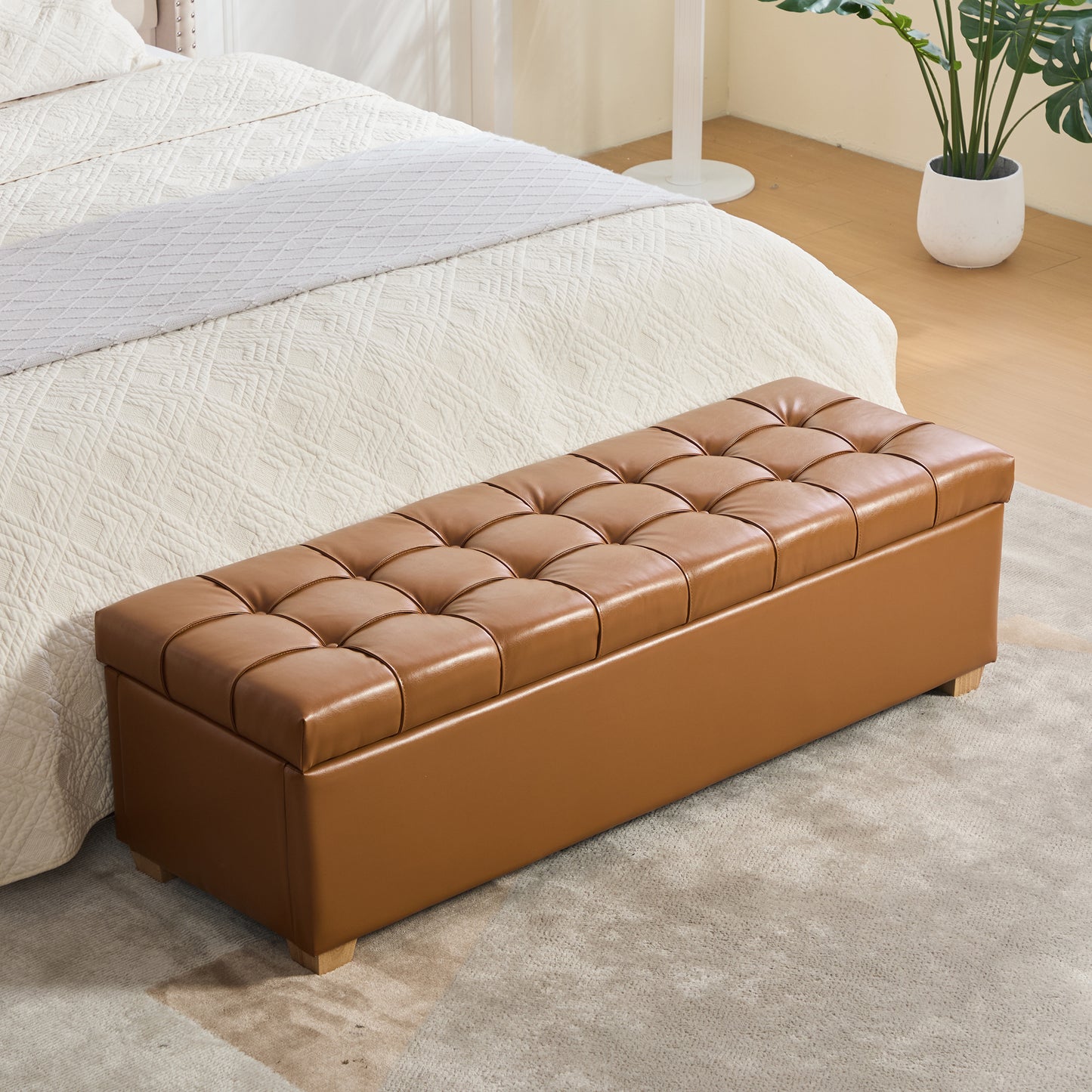 60.2'' Wide Upholstered PU Storage End of Bed Bench, Tufted Flip-Top Accent Window Bench Footrest Stool Ottoman with Legs for Living Room, Bedroom, Entryway, Dining Room, Dorm, Corner, Burnt Brown image 2