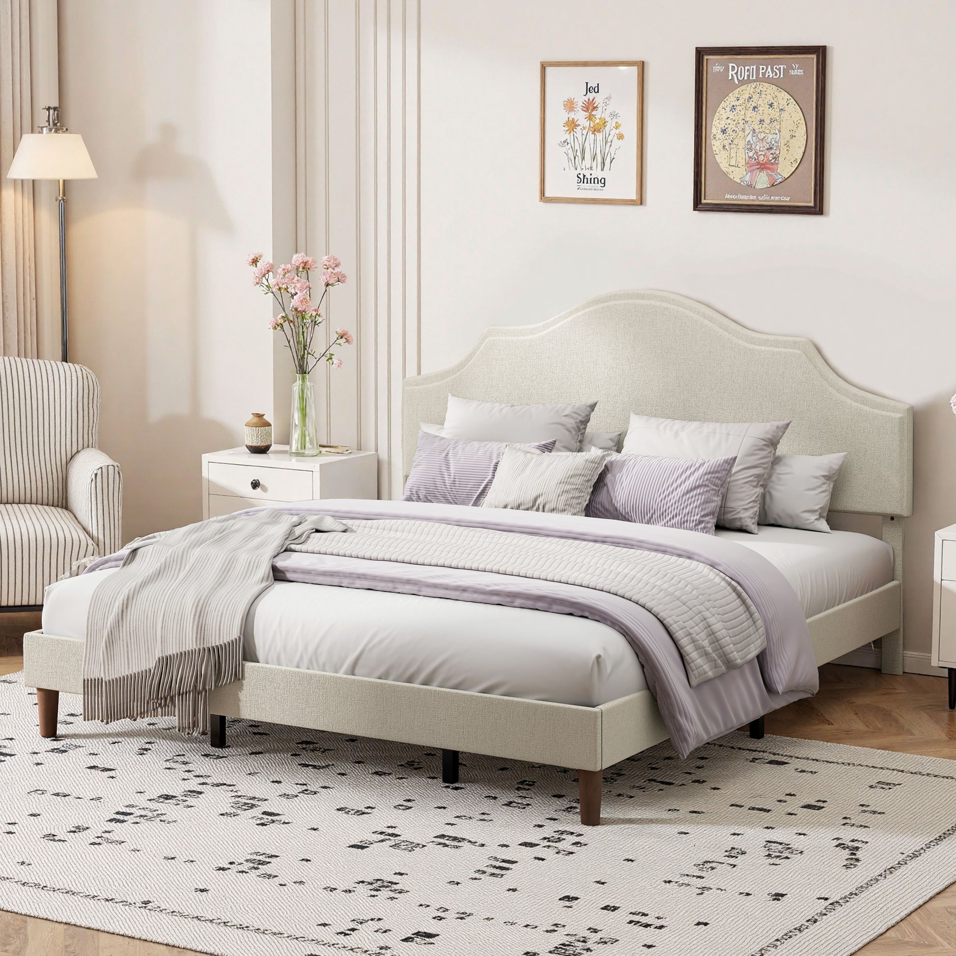 King Size Bed Frame Upholstered Platform Bed with Adjustable Headboard,Linen Fabric Padded,Modern Simple Style Platform Bed No Box Spring Needed, Easy Assembly, Beige image 1