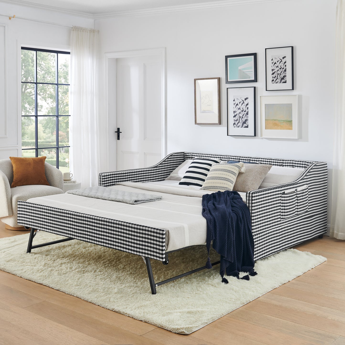 Full‑Size Daybed,Upholstered Convertible Daybed with Tufted Button Backrest, 3‑in‑1 Versatile Sofa Bed with Pull‑Out Trundle & Side Storage, Perfect for Compact Living-Black image 2
