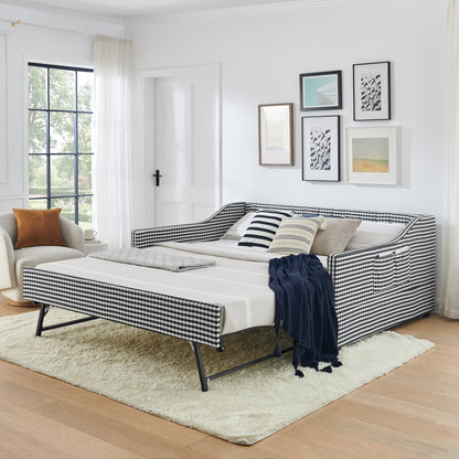 Full‑Size Daybed,Upholstered Convertible Daybed with Tufted Button Backrest, 3‑in‑1 Versatile Sofa Bed with Pull‑Out Trundle & Side Storage, Perfect for Compact Living-Black image 2