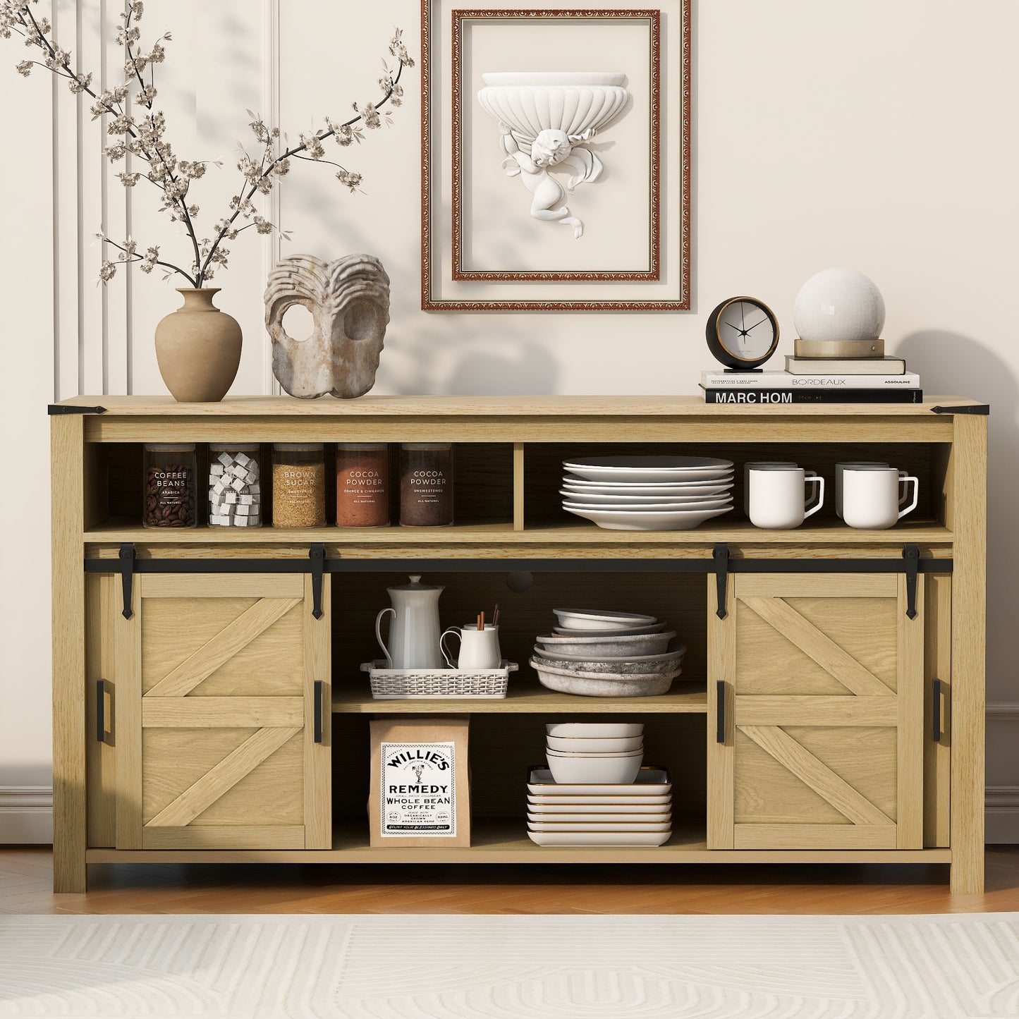 U_STYLE 59.3''Sideboard with Sliding Barn Door and Mesh Panels,Farmhouse Buffet with Open Storage,Suitable for Living Room, Hallway, Balcony,Kitchen, Office image 1