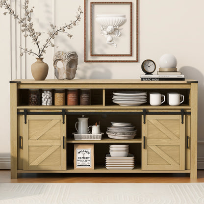U_STYLE 59.3''Sideboard with Sliding Barn Door and Mesh Panels,Farmhouse Buffet with Open Storage,Suitable for Living Room, Hallway, Balcony,Kitchen, Office image 1