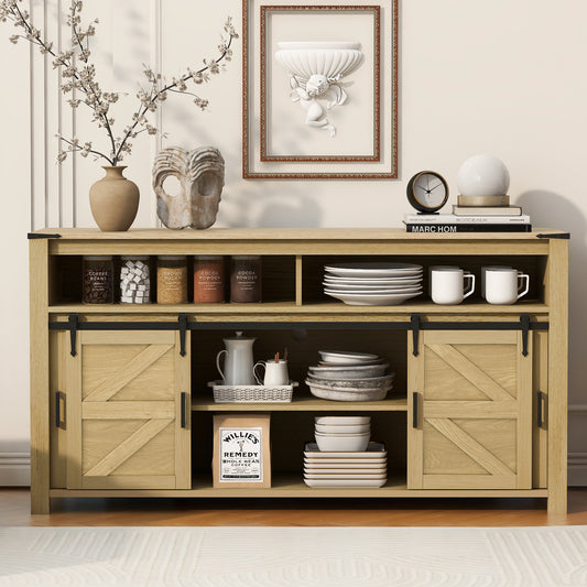 U_STYLE 59.3''Sideboard with Sliding Barn Door and Mesh Panels,Farmhouse Buffet with Open Storage,Suitable for Living Room, Hallway, Balcony,Kitchen, Office image 1