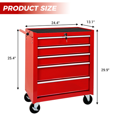 5-Drawer Rolling Tool Chest w/Lock & Key, Tool Storage Cabinet with Wheels, Top Cushion & Drawer Liners, Tool Organizer Box for Garage, Warehouse & Repair Shop-RED image 2