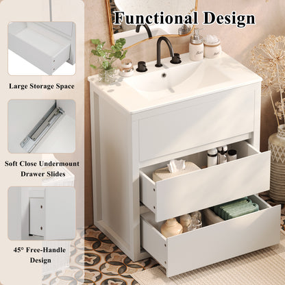 60" Double Sinks Bathroom Vanity Set, Bathroom Cabinet with Two Separate Ceramic Sinks, Full-Extension Drawers & Soft Close Undermount Drawer Slides, White image 8