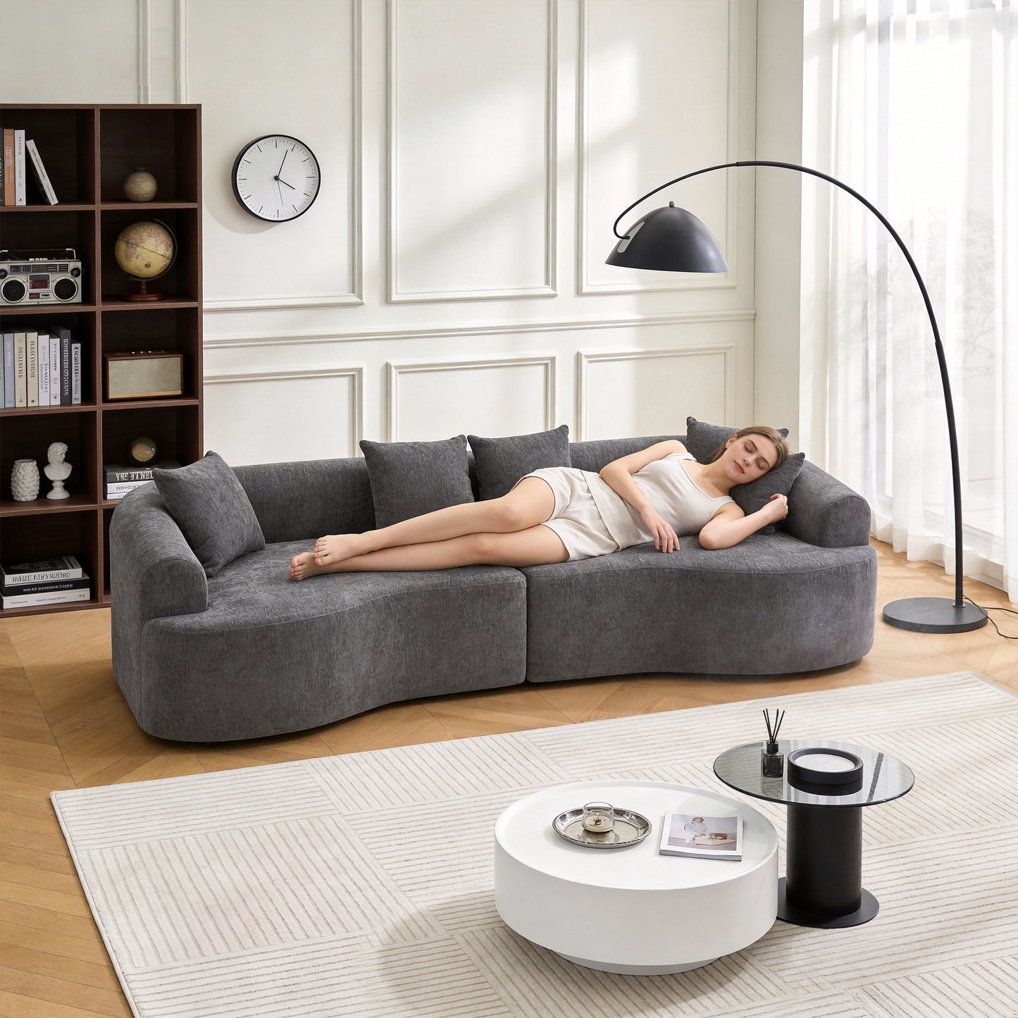 Curved Boneless Sofa,Compression Modular 108'' Sectional,Grey High-Density,Couches Sleeper for Living Room Bedroom Apartment Lounge,Chenille image 3