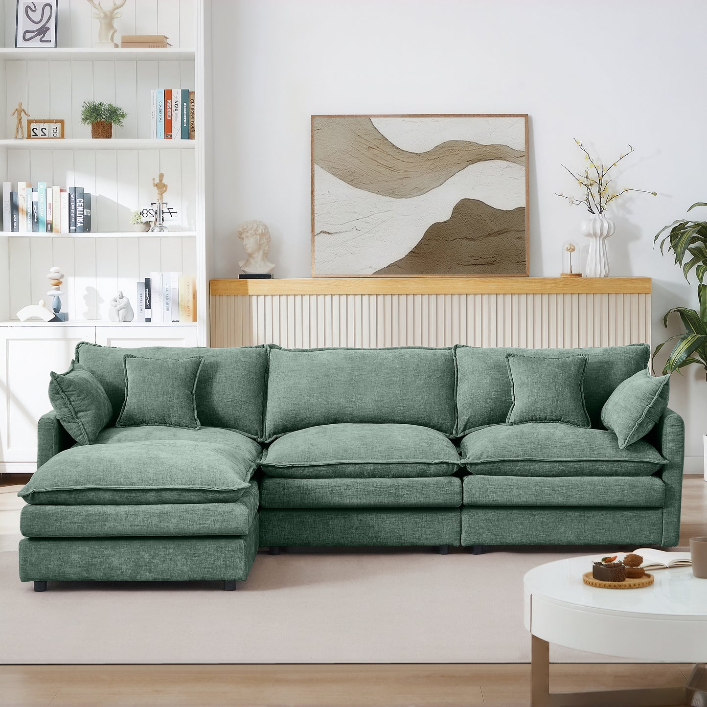 Modular Sectional Sofa, 102 Inch L Shaped Couch Set for Living Room, 3-Seater Comfy Cloud Couches with Movable Ottoman, DIY Combination, Chenille, Mint Green image 2