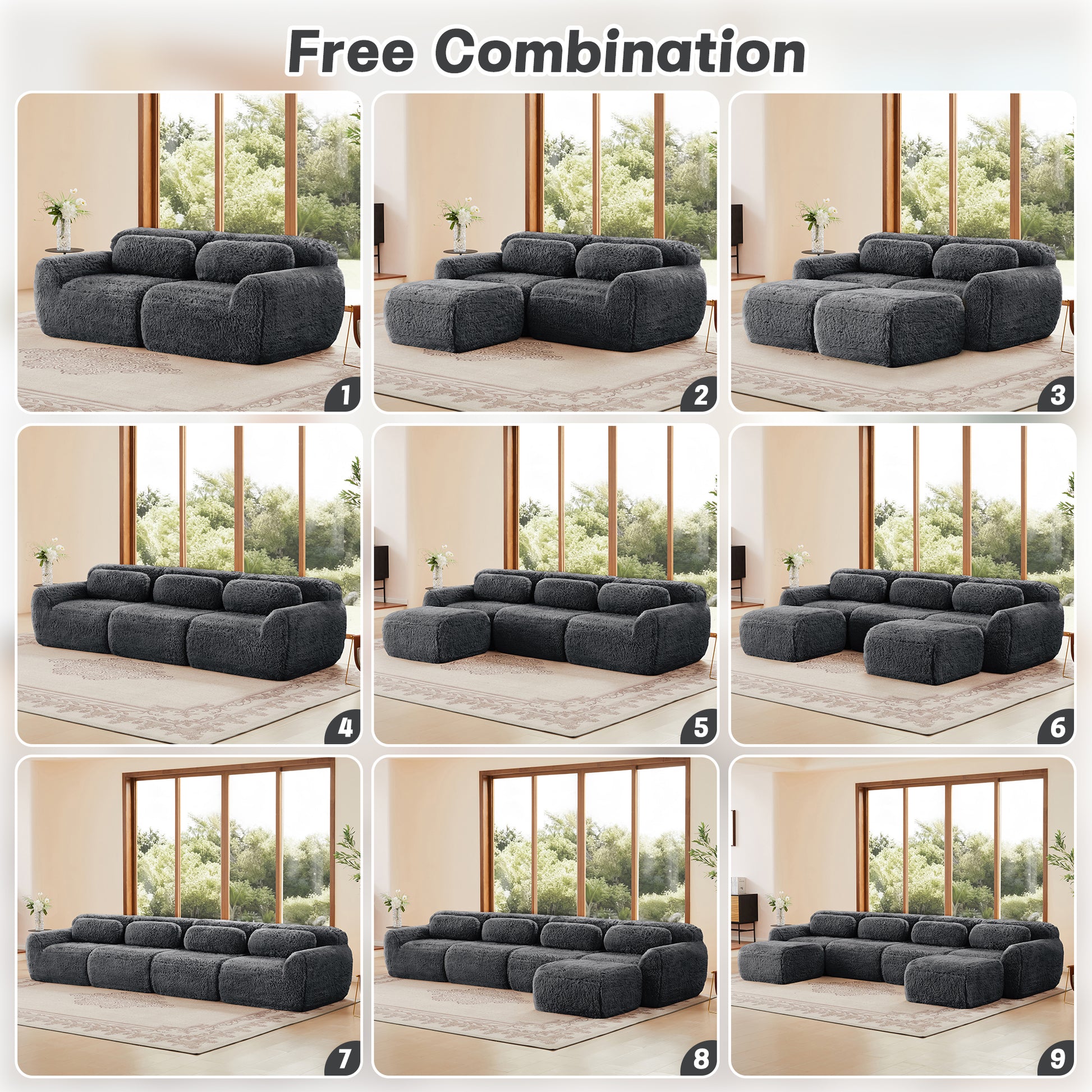 2-seater Modular Sectional Sofa Couches,Soft Fluffy Plush Fabric Bottom Anti-Slip Design,32D High Density Sponge,No Assembly Required Ergonomic Design,With Throw Pillows Fits Living Rooms,Dark Grey image 11