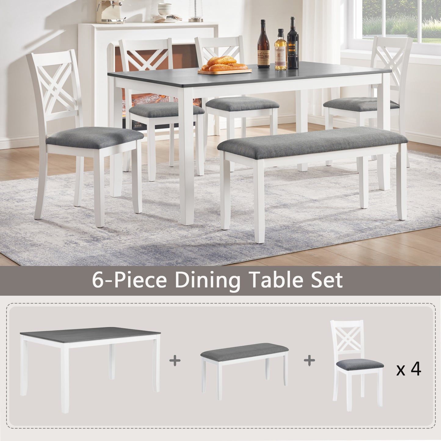 6 Piece Kitchen Dining Set, Rectangular Wooden Dining Table with 4 Upholstered Chairs and a Bench, Dining Table Set for 6 People, Living Room and Kitchen, Grey & White two tone image 5