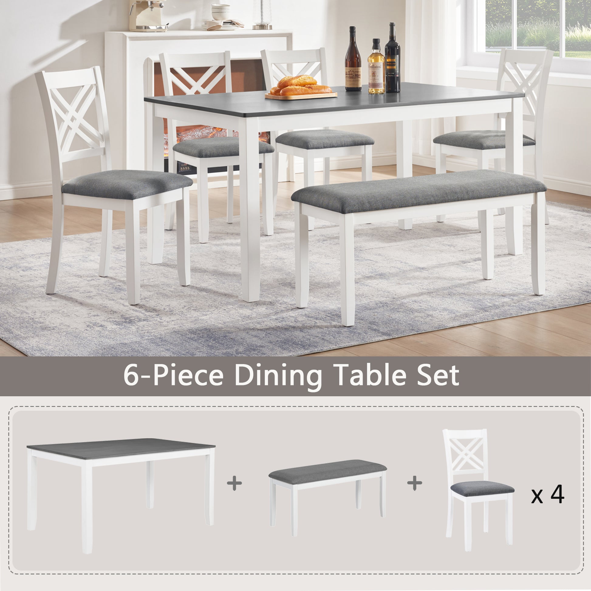 6 Piece Kitchen Dining Set, Rectangular Wooden Dining Table with 4 Upholstered Chairs and a Bench, Dining Table Set for 6 People, Living Room and Kitchen, Grey & White two tone image 5