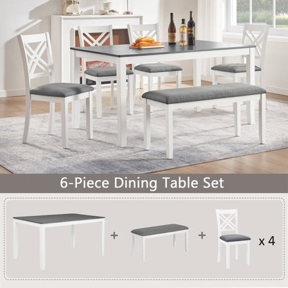 6 Piece Kitchen Dining Set, Rectangular Wooden Dining Table with 4 Upholstered Chairs and a Bench, Dining Table Set for 6 People, Living Room and Kitchen, Grey & White two tone image 5