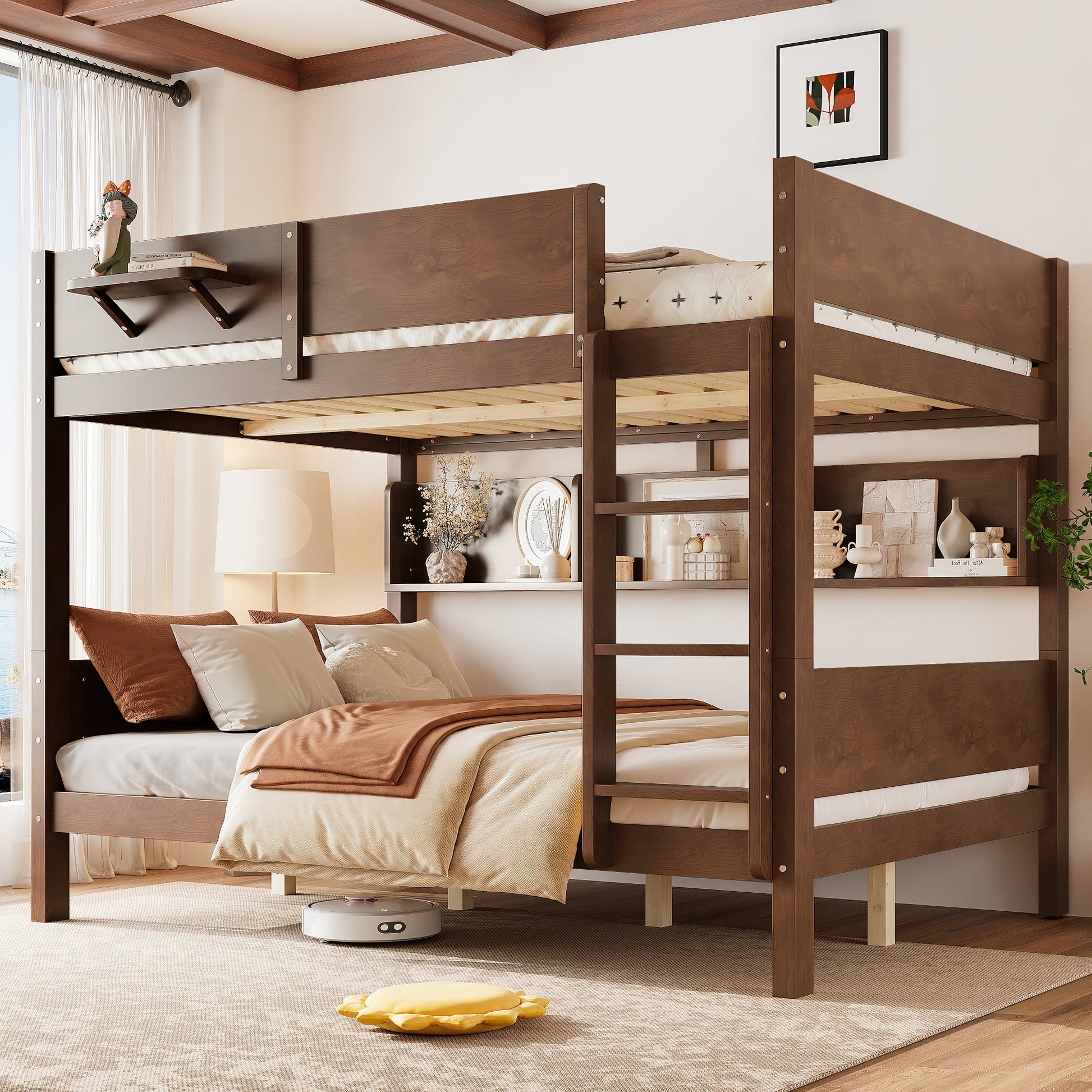 Queen over Queen Bunk Bed with Convenient Tray, Solid Wood Bunk Bed with Storage Shelves and Upgraded Slats,Vintage Brown image 1