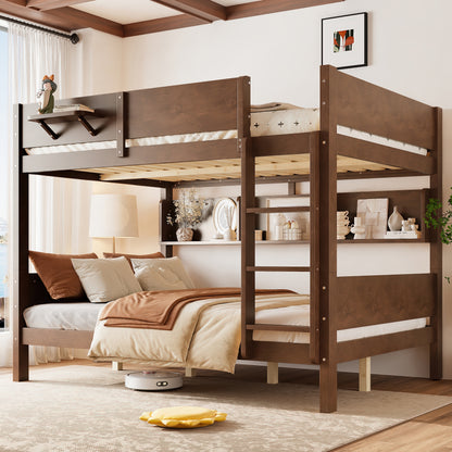 Queen over Queen Bunk Bed with Convenient Tray, Solid Wood Bunk Bed with Storage Shelves and Upgraded Slats,Vintage Brown image 1