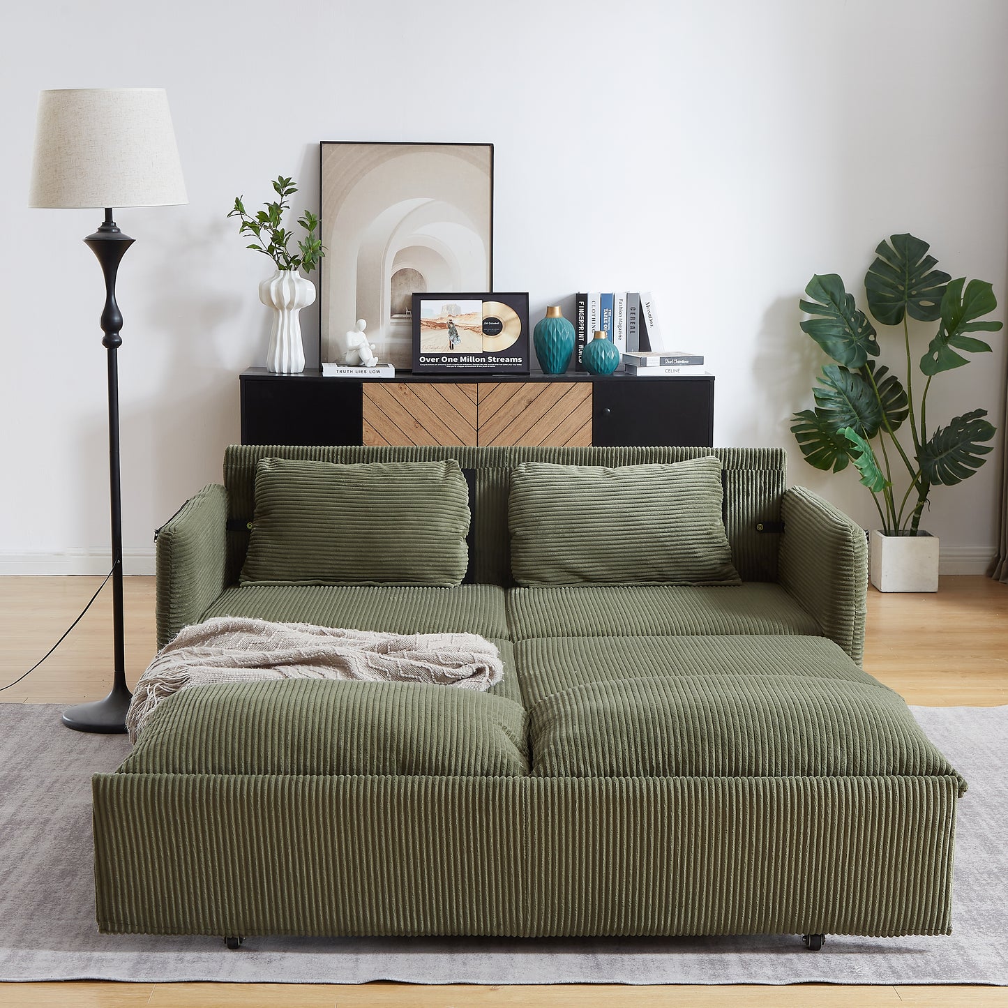 MH'' 64.5 Inch Sleeper Sofa Bed 3-in-1 Adjustable Sleeper with Pullout Bed 2 Pillows and Side Pockets Soft Corduroy Convertible Sleeper Sofa Bed for Living Room Bedroom Apartment Office image 5