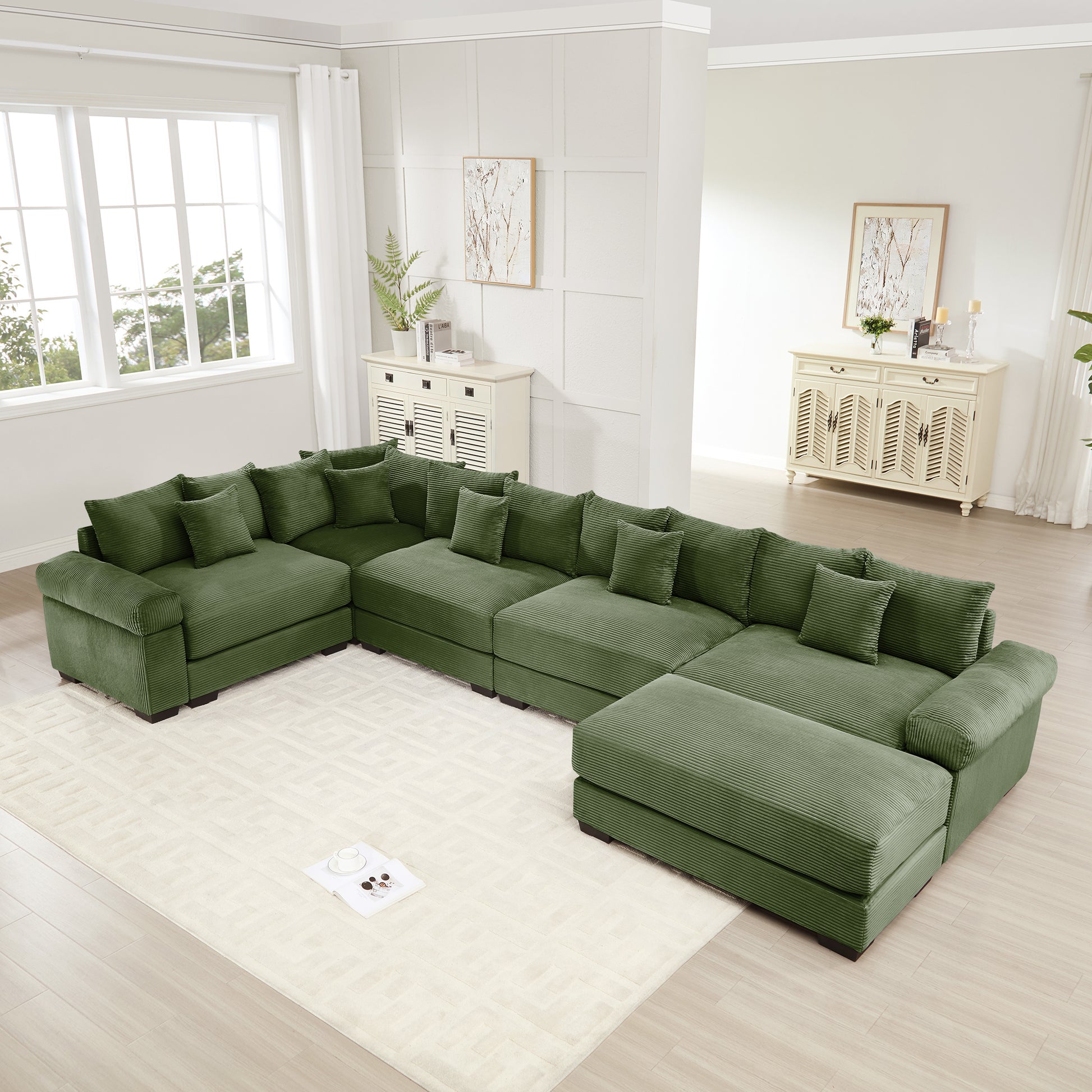 Oversized Cloud Modular Sectional Couch,Convertible Sectional Couches,Extra-Wide Armrests With An Ottoman,Premium Corduroy Fabric,Ergonomic Design, Easy Assembly, For Living Rooms Study,Green image 1