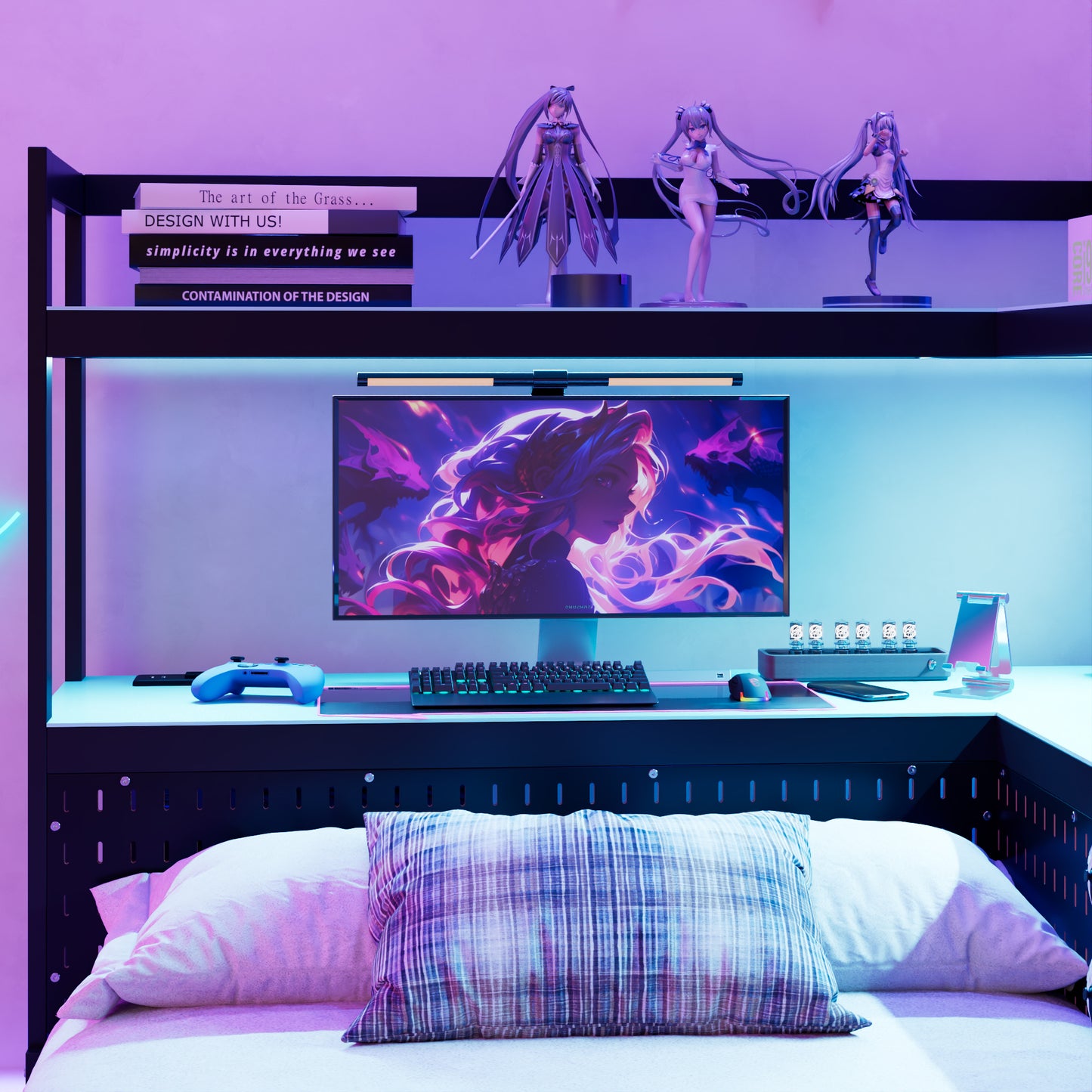 Twin Size Gaming Daybed with Integrated Desk and LED Light, Modern Wooden Bed Frame with 3 Storage Drawers and Built-in Charging Station, Multi-Functional Headboard Bookcase, Black+Blue image 4