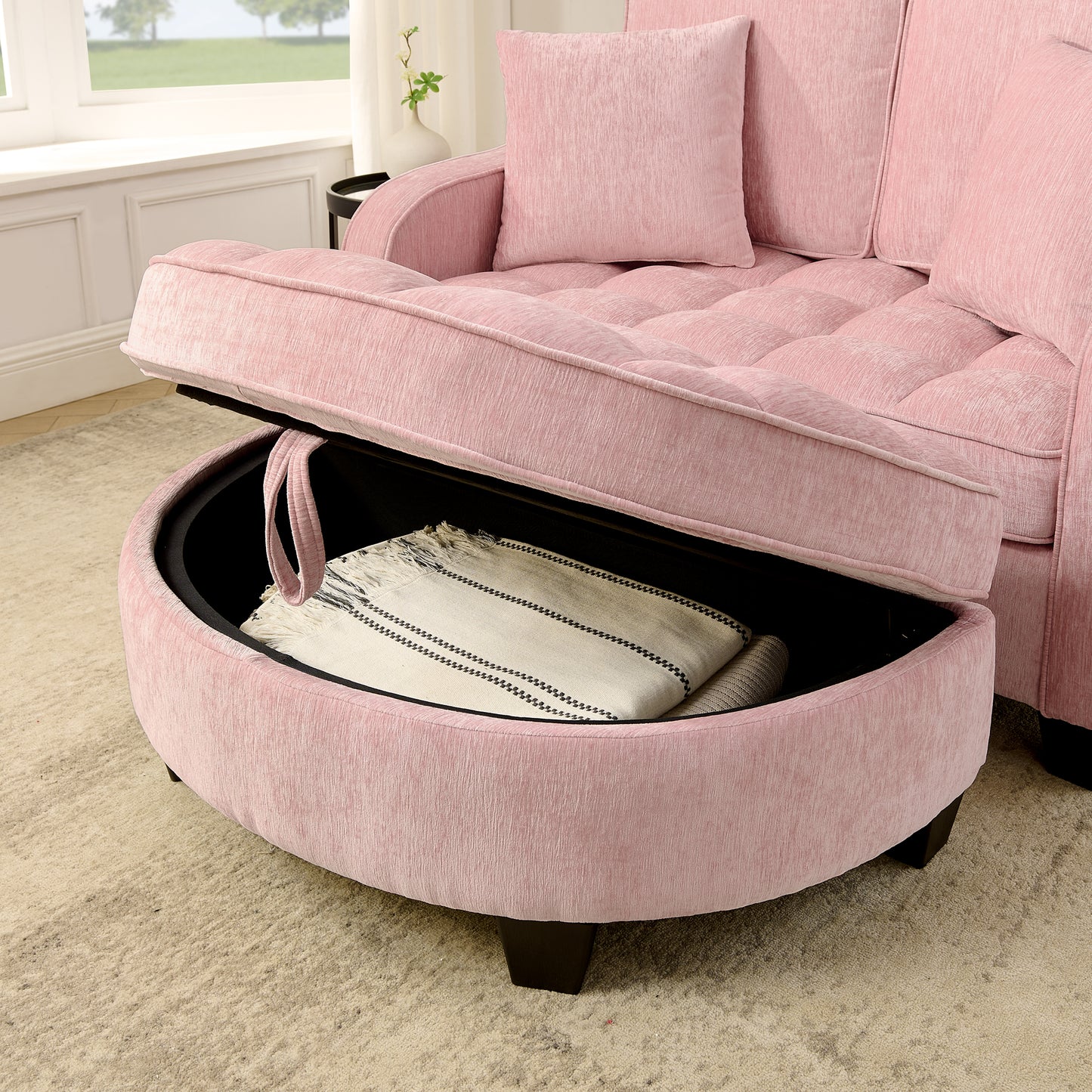 Two-seater sofa, double sofa chaise longue, with irregular armrests and backrests, footrest with storage space, comes with two small throw pillows, suitable for living room and bedroom -Pink image 7