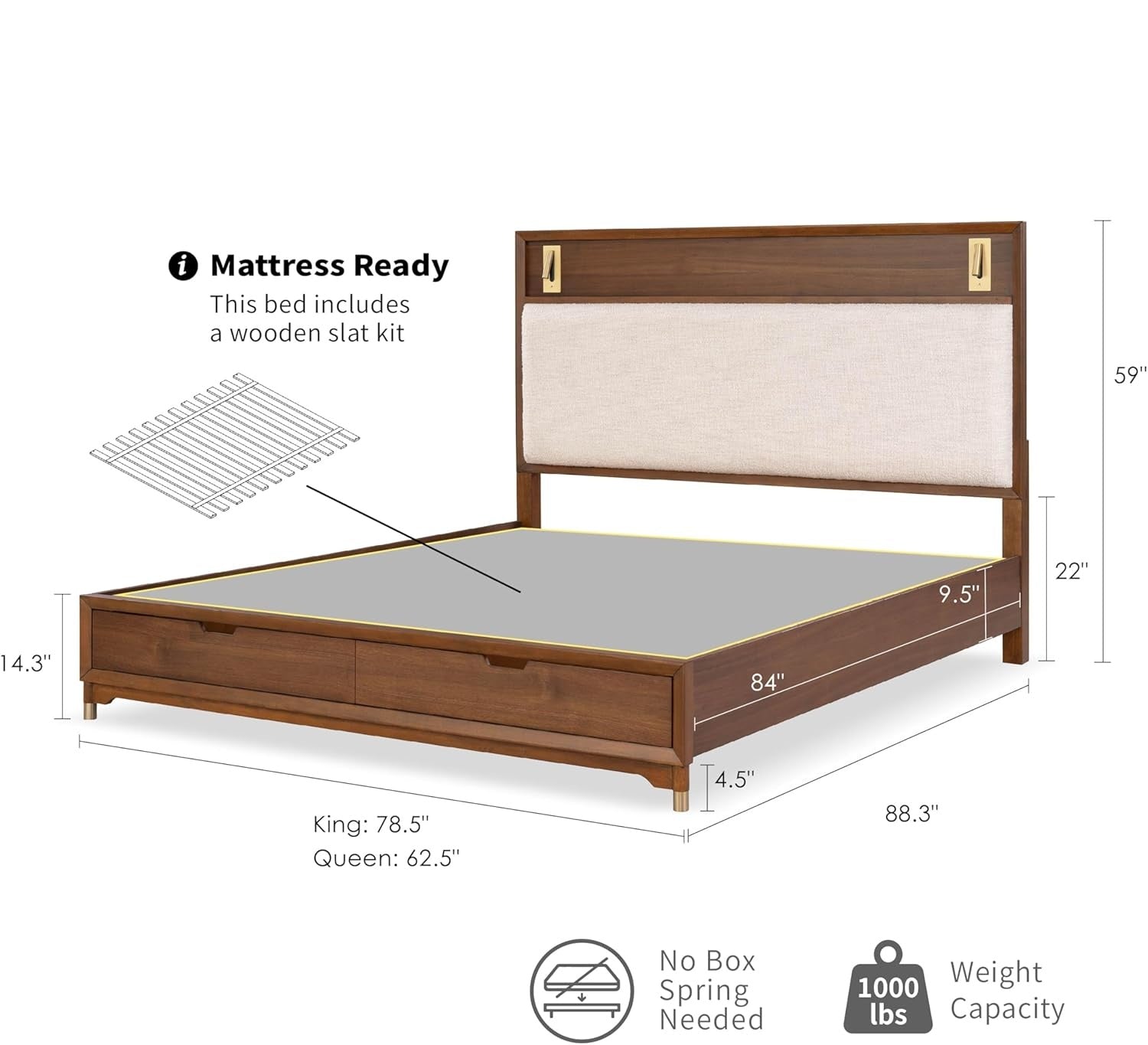 Mid-Century Modern Beautiful 1pc Queen Size Bed Walnut Solid wood Upholstered HB w Reading Light Bedroom Furniture image 12