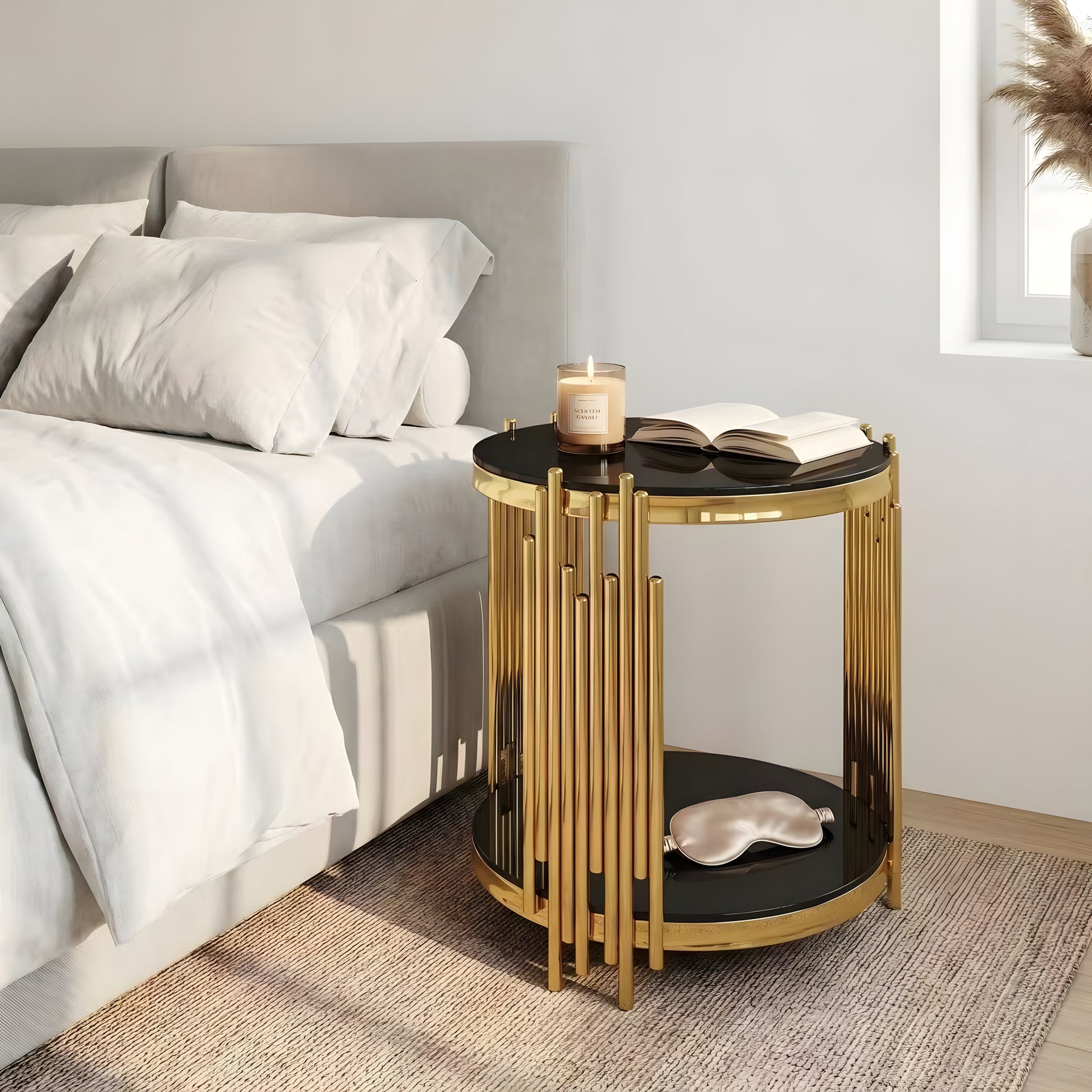 19.7" Round Glass End Table, 2-Tier Gold Side Table with Stainless Steel Legs and Black Tempered Glass, Modern Luxury End Table for Living Room Home Office image 7