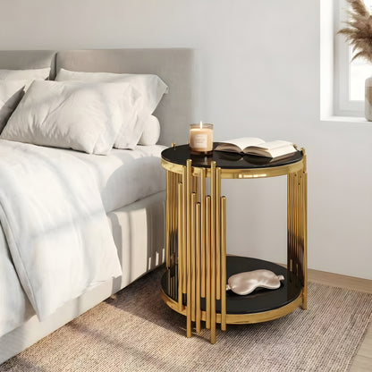 19.7" Round Glass End Table, 2-Tier Gold Side Table with Stainless Steel Legs and Black Tempered Glass, Modern Luxury End Table for Living Room Home Office image 7