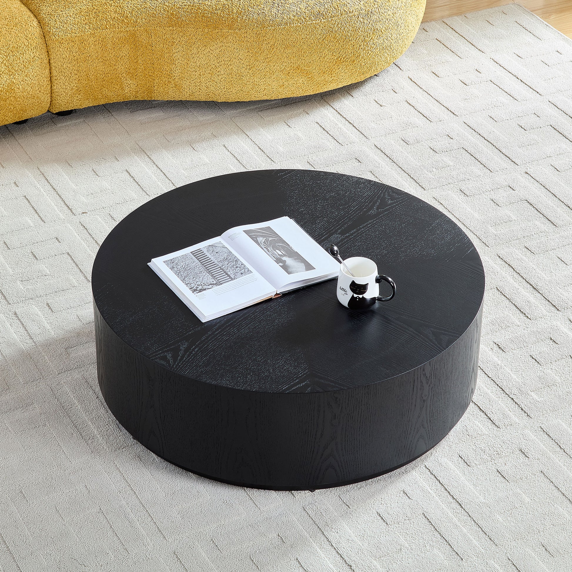 35.43 Inch Modern Round Coffee Table MDF Coffee Table for Living Room,Drum Center Table for Apartment,No Need Assembly,Black W2582P188323 image 6