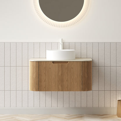 DINA 30" Bathroom Vanity&Sink, Floating Curved Edge Striped Plywood Storage Cabinet with Drawer, White Round Ceramic Basin&Travertine-Pattern Sintered Stone Top, Pre-assembled, Natural Woodgrain Color image 1