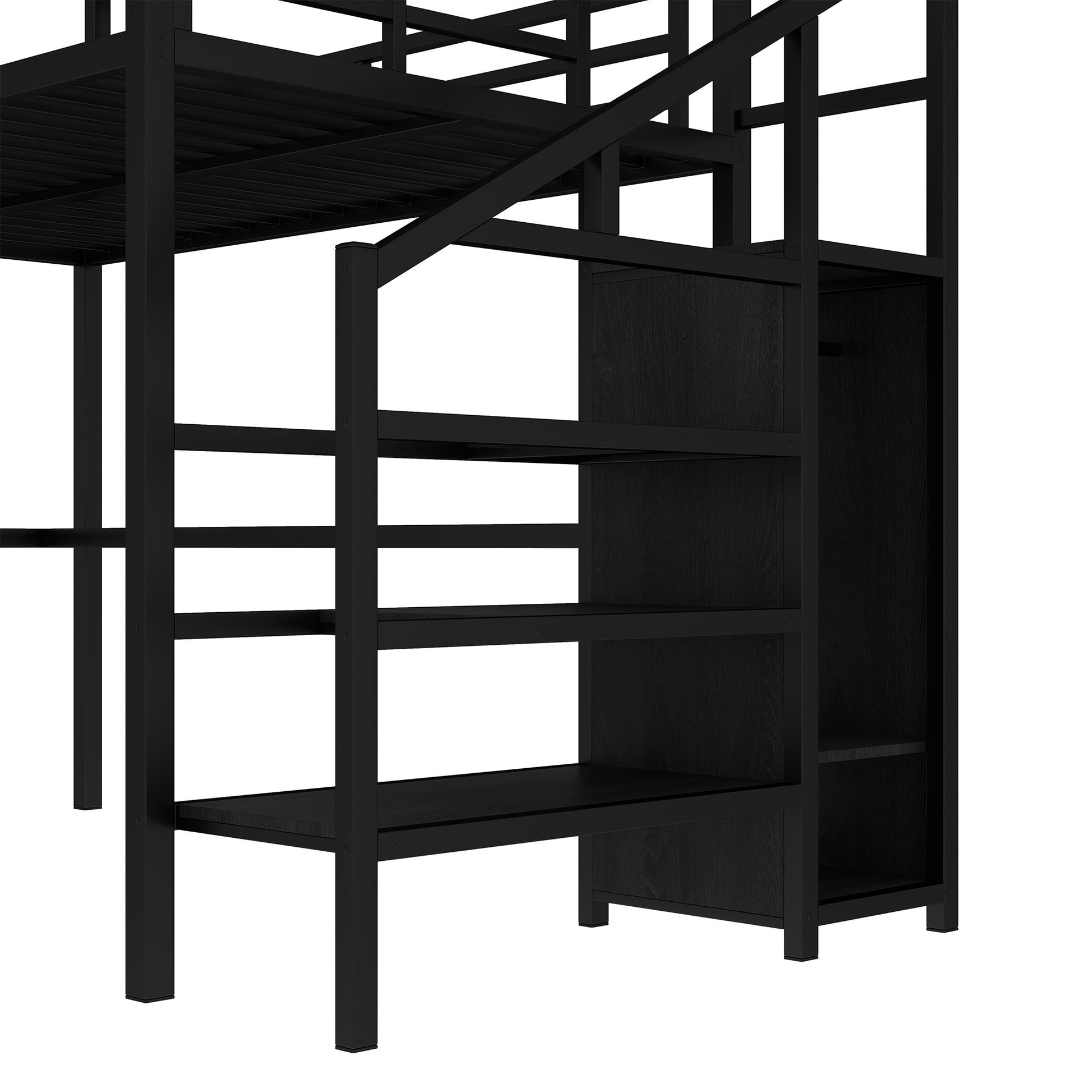 Full Size Loft Bed with L-shaped Desk and USB, Metal Loft Bed with Wardrobe and Adjustable Shelf, High Loft Bed with LED for Kids Teens Adults, Black image 11