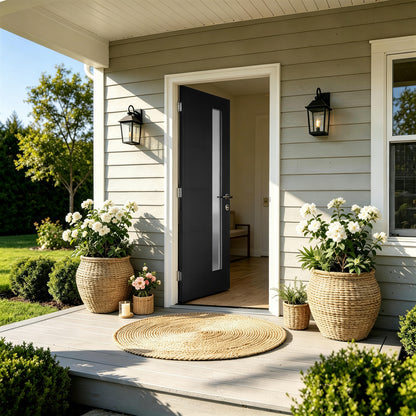 36"x80" Fiberglass Front Door with White 4-9/16" PVC Frame,Left-Hand Inswing Exterior Door with Brickmould,Contemporary minimalist brushed skin & Grooved line with frosted glass for Home Entrance, Bla image 2