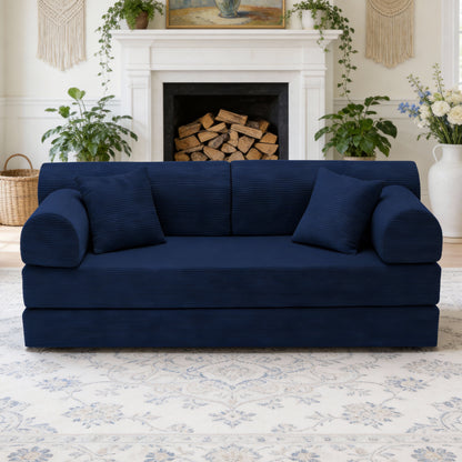 Convertible Sleeper Sofa Bed,Corduroy Folding Mattress Couch with Fixed-Shape Frame, Floor Sofa Lounge Couch for Living Room Bedroom(blue) image 2