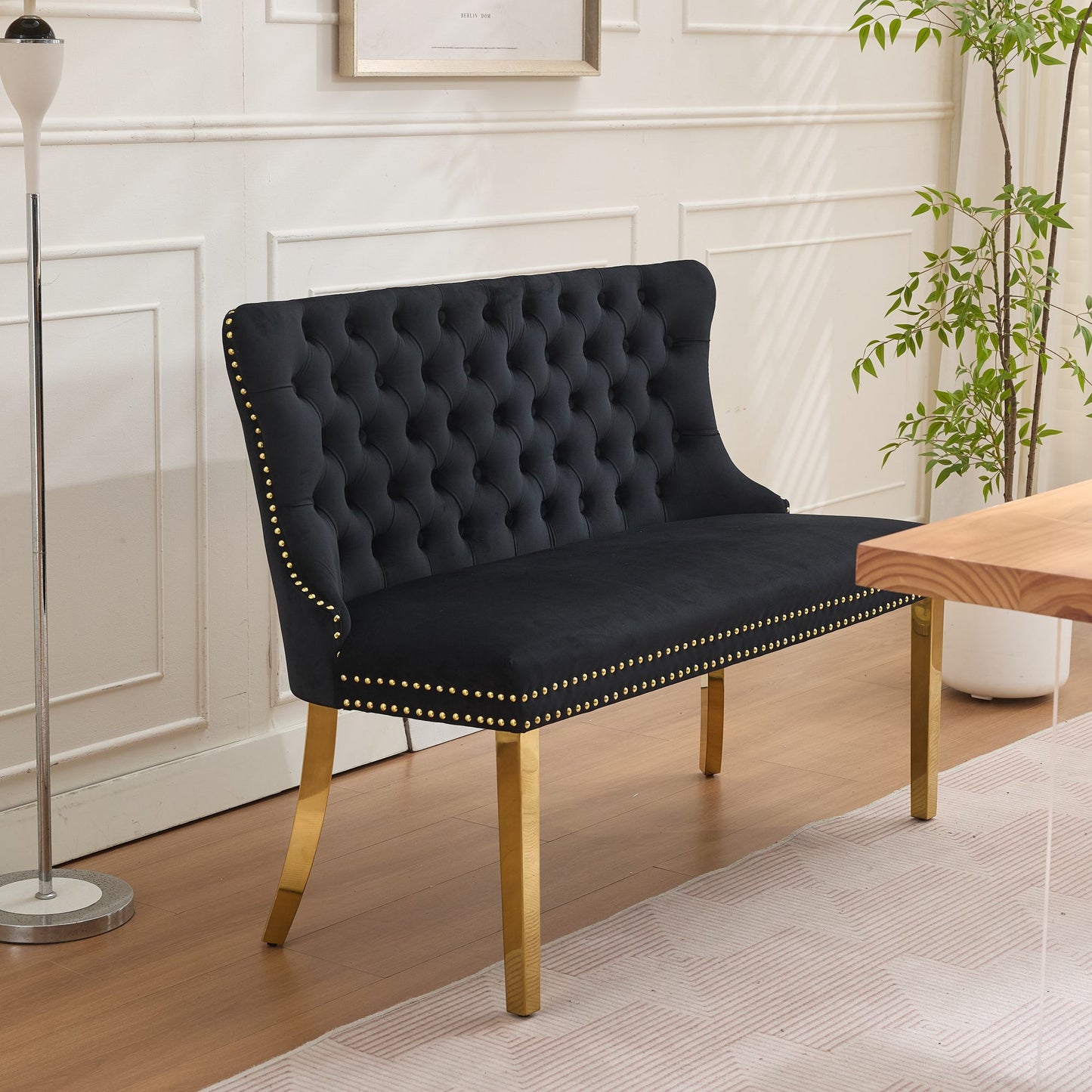 Velvet Double Dining Loveseat Bench, Kitchen & Dining Seating, 2-Seat Tufted Bench w/Handmade Buttons, Wing Back, Gold-Plated Steel Legs, Mid Century Modern,Single Pack,Black,SW1602BK image 1